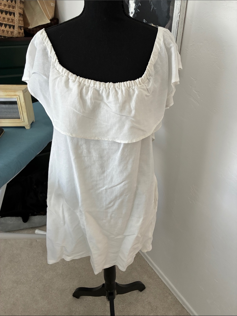 Tommy Bahama White Ruffle Off-Shoulder Midi Dress